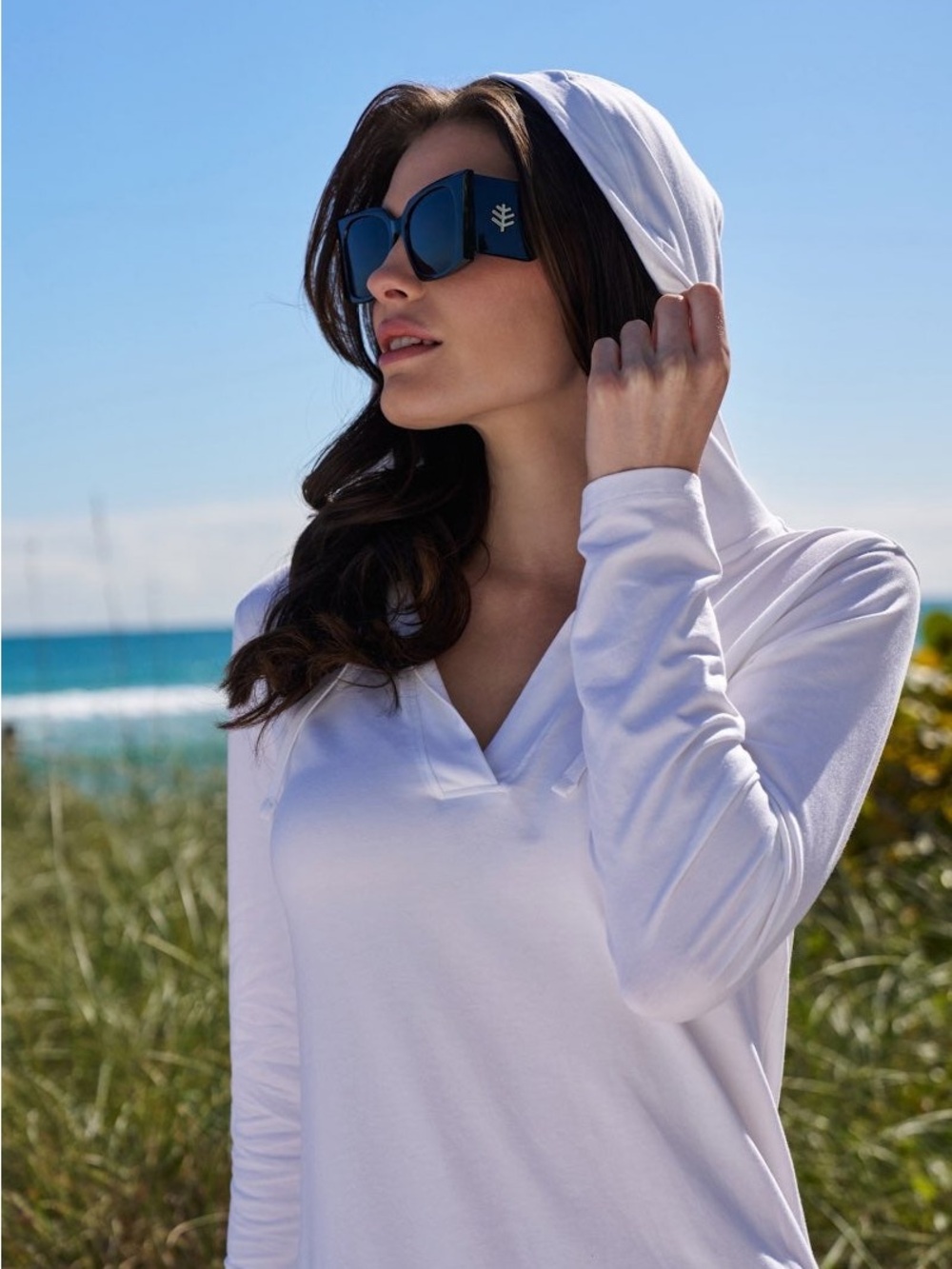 COOLIBAR Women's L Catalina Beach Cover-Up Dress White UPF 50+ Hooded Pockets V - Picture 2 of 6